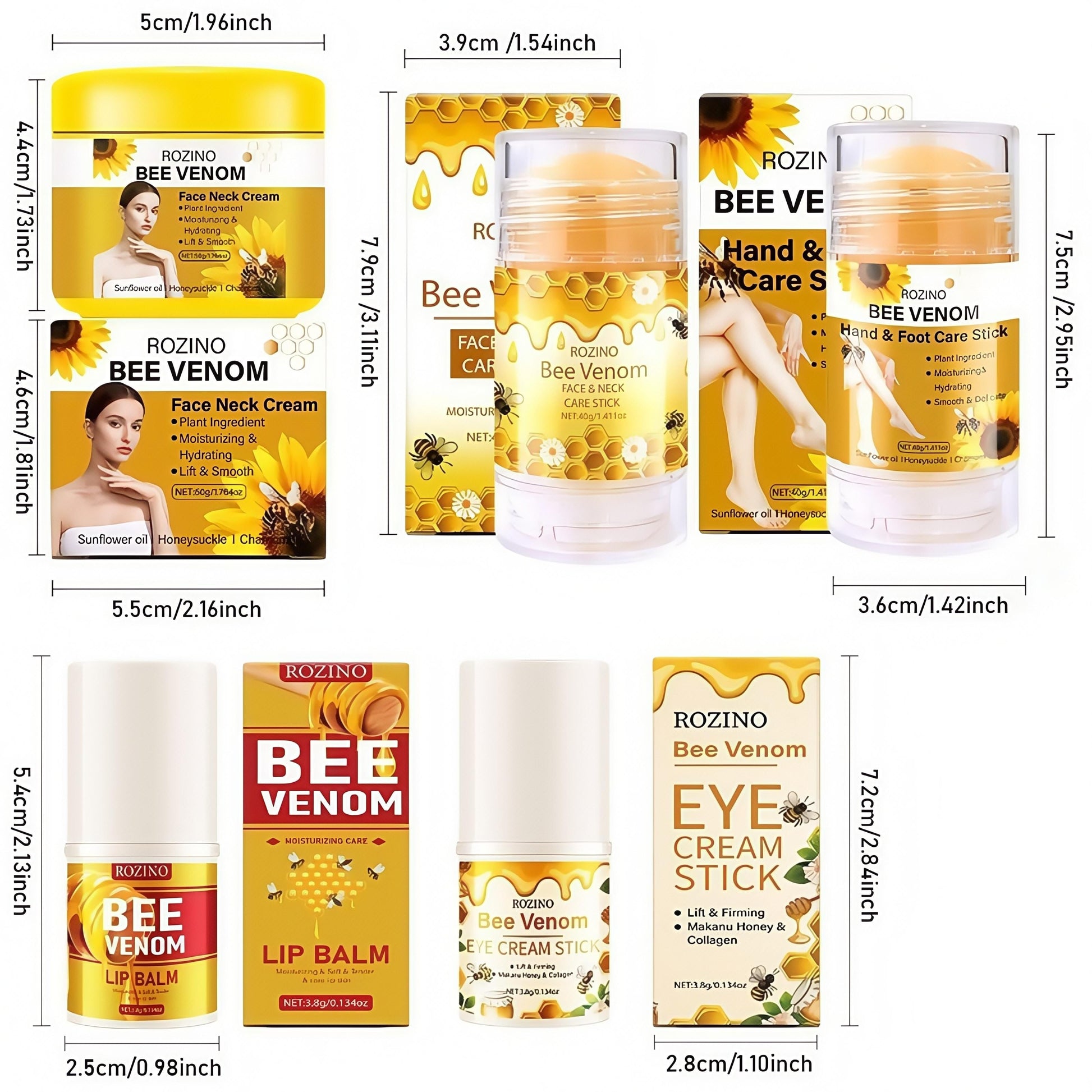 ROZINO 5-Piece Honey Skincare Set — Including Eye Cream Stick, Lip Balm, Face & Neck Cream, Hand & Foot Cream, Infused with Natural Extracts for Moisturizing and Hydrating, Leaving Skin Smooth and Radiant