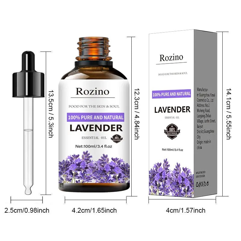 Rozino 100% Pure Natural Lavender Essential Oil - Soothe Skin & Soul, Scalp Relief Tonic, Haircare Solution, 100ml/3.4 fl.oz