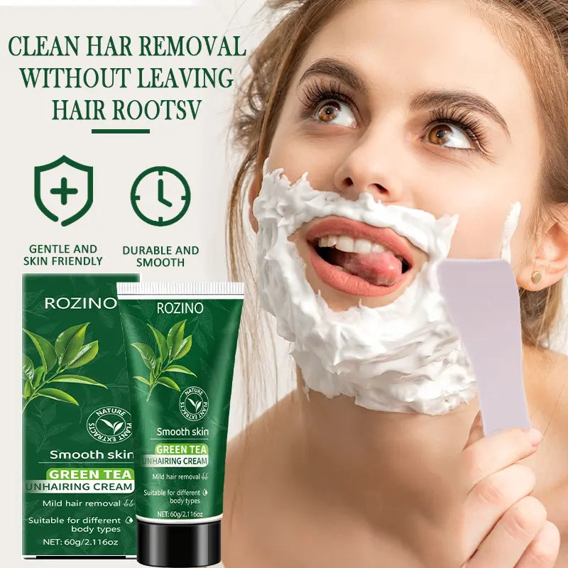 ROZINO Green Tea Hair Removal Cream - Mild & Non-Irritating Formula for Easy Lip Hair Removal Without Black Spots