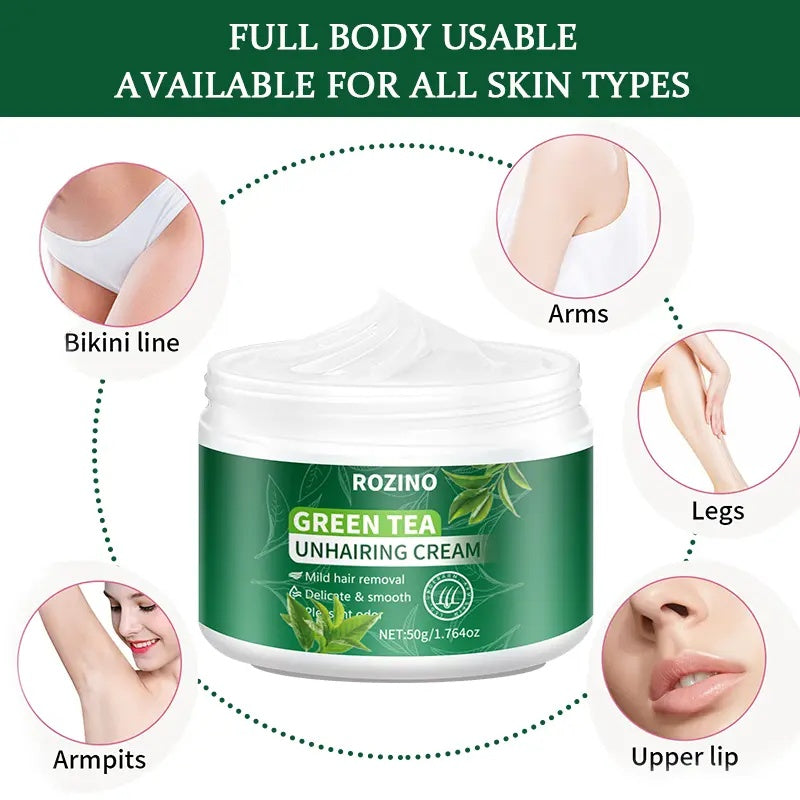 ROZINO Green Tea Unhairing Cream - Painless Gentle Hair Removal for Body Face Bikini Lines & Sensitive Skin - Removes Short Thick Hair - Natural Formula 50g